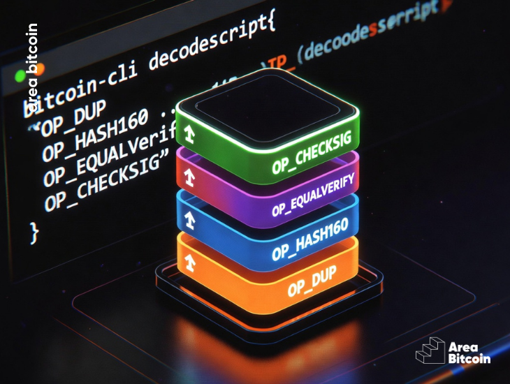 Bitcoin Script executando OP_DUP OP_HASH160 OP_EQUALVERIFY OP_CHECKSIG em uma transação P2PKH
