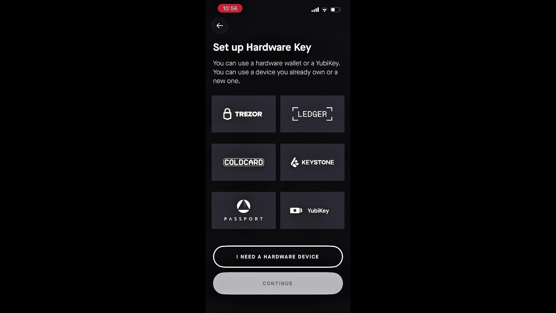Página web de Hardware Key Setup da Casa com pré-requisitos: usar Chrome ou Brave, conectar Ledger via PIN, abrir Bitcoin App