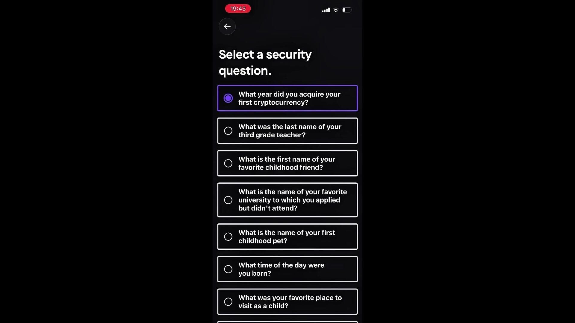 Lista de perguntas de segurança disponíveis na Casa para configuração da Recovery Key