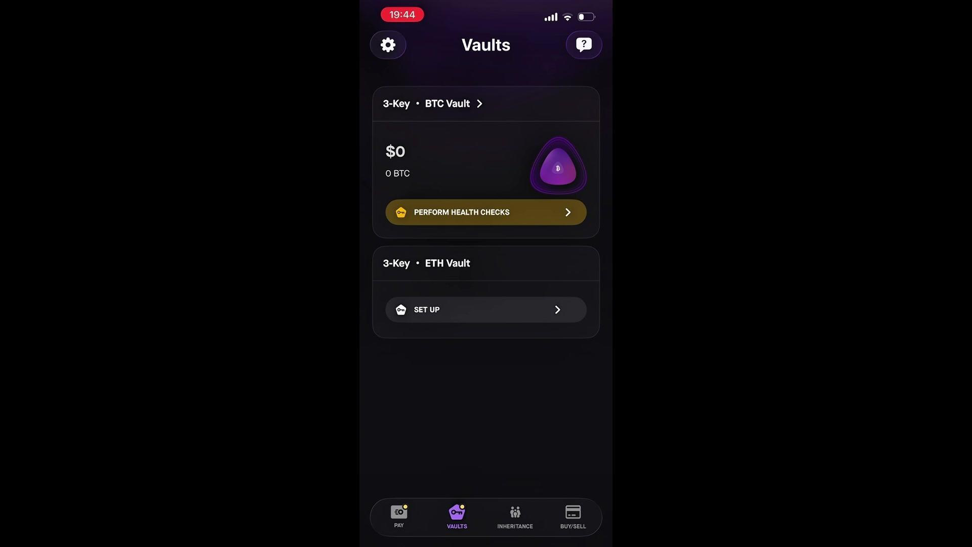 Tela final do app Casa mostrando o 3-Key BTC Vault criado com sucesso e botão de Health Checks